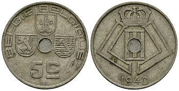 Бельгия 5 сантимов 1940 Belgie - Belgique KM 111 никель латунь 4173-633