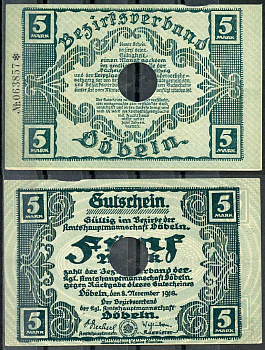 Германия, Дёбельн 5 марок 1918 нотгельд, 8.11.1918, цифры черные, малые Geiger 105.01  бумага  UNC (пресс) 444-114-3-2