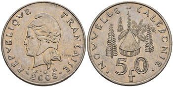 Французская Новая Каледония 50 франков 2008 хижина среди сосен и пальм, (IEOM) KM 13a, Schoen 15a, Lec 128i медно-никель 4111-443