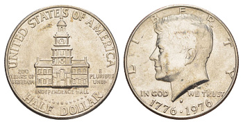 США 1/2 доллара (50 центов) 1976 D, 200 лет независимости, Джон Кеннеди KM 205 медь плакированная медно-никелем aUNC 4545-1013