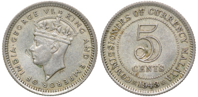 Британская Малайя 5 центов 1943 Георг VI (1937-1952) KM 3a серебро 53-123