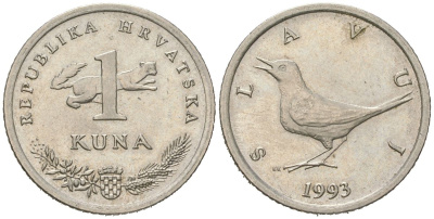 Хорватия 1 куна 1993 западный соловей, легенда на хорватском KM 9.1 медь цинк никель aUNC 4448-424