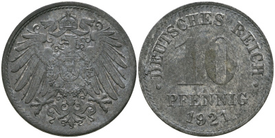 Германия 10 пфеннигов 1921 KM 26, J. 299 цинк 08-1369