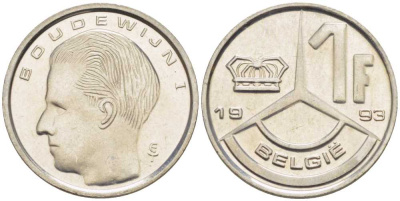 БЕЛЬГИЯ 1 ФРАНК 1993 BELGIE, БОДУЭН I (1951-1993) KM 171 железо плакированное никелем 3851-1144