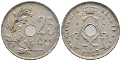 Бельгия 25 сантимов 1922 Belgie, Альберт I (1909-1934) KM 69 медно-никель 4364-3741