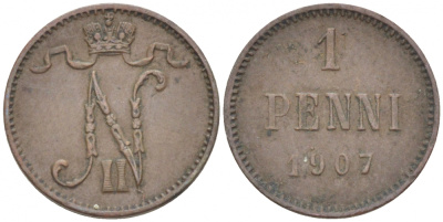 РОССИЯ ДЛЯ ФИНЛЯНДИИ 1 ПЕННИ 1907 НИКОЛАЙ II KM 13, Биткин 468 медь 4396-1331
