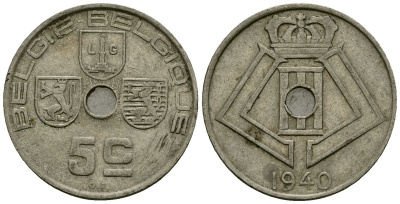 Бельгия 5 сантимов 1940 Belgie - Belgique KM 111 никель латунь 4173-633