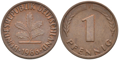 ФРГ 1 пфенниг 1966 F KM 105, J. 380 сталь плакированная медью    4115-116