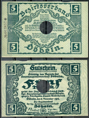 Германия, Дёбельн 5 марок 1918 нотгельд, 8.11.1918, цифры черные, малые Geiger 105.01  бумага  UNC (пресс) 444-114-3-2