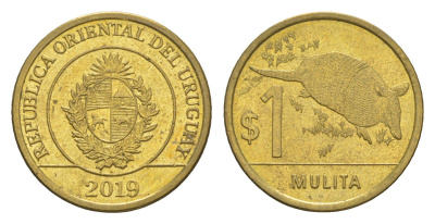 Уругвай 1 песо 2019 KM 135 сталь плакированная латунью UNC 4613-463