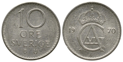 Швеция 10 эре 1970 U Густав VI Адольф (1950-1973) KM 835 медно-никель 3458-151