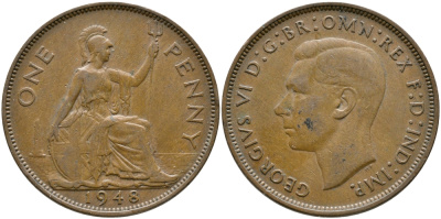 Великобритания 1 пенни 1948 Георг VI (1936-1952) KM 845, Spink 4114 бронза 32-231