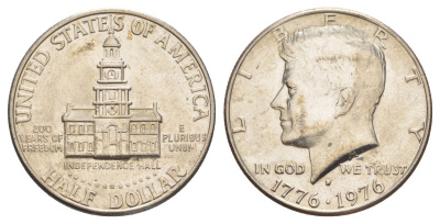 США 1/2 доллара (50 центов) 1976 D, 200 лет независимости, Джон Кеннеди KM 205 медь плакированная медно-никелем aUNC 4545-1013
