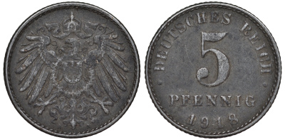 ГЕРМАНИЯ 5 ПФЕННИГОВ 1918 A KM 19, J. 297 железо 45-1147