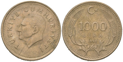 Турция 1000 лир 1990 Кемаль Ататюрк KM 997 медь цинк никель 117-1142