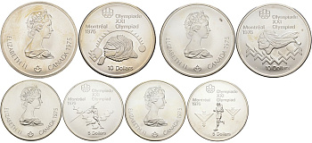Канада набор из 4 монет 1975 XXI олимпийские игры в Монреале, 5, 5, 10, 10 долларов, в оригинальной коробке, с сертификатом KM 98, 99, 102, 103 серебро UNC 5-4-4-9