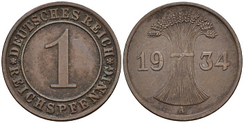 Германия 1 рейхспфенниг 1934 A, Веймарская республика KM 37 бронза 4387-914