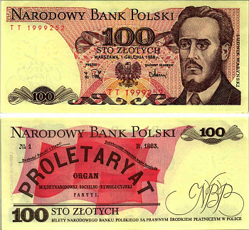 Польша 100 злотых 1988 Людвиг-Фаддей Варынский, манифест социал-революционной партии Pick 143 e бумага UNC (пресс) 8607-76-1-1