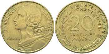 ФРАНЦИЯ 20 САНТИМОВ 1963 ТИП MARIANNE KM 930, LE FRANC 156.3 медь алюминий никель 175-813