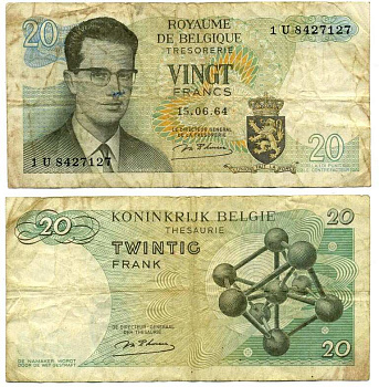 Бельгия 20 франков 1964 Бодуэн I, атомиум, d Haeze Pick 138 (1) бумага 6262-51-1-2