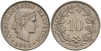 Швейцария 10 раппенов 1961 B KM 27 медно-никель 4189-358