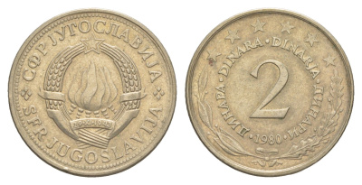 Югославия 2 динара 1980 KM 57 медь цинк никель 4543-1236