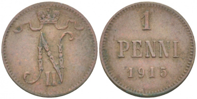 РОССИЯ ДЛЯ ФИНЛЯНДИИ 1 ПЕННИ 1915 НИКОЛАЙ II KM 13, Биткин 475 медь 261-1142