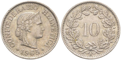 Швейцария 10 раппенов 1965 В KM 27 медно-никель 55-344