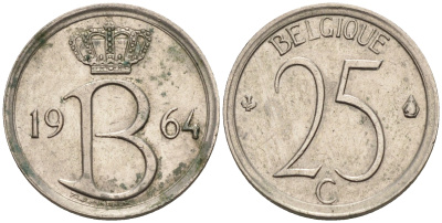 Бельгия 25 сантимов 1964 Belgique, Бодуэн I (1951-1993) KM 153.1 медно-никель 4189-111