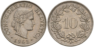 Швейцария 10 раппенов 1961 B KM 27 медно-никель 4189-358