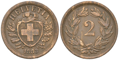 Швейцария 2 раппена 1883 B KM 4 бронза 4516-243