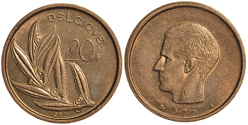 БЕЛЬГИЯ 20 ФРАНКОВ 1982 BELGIQUE KM 159 никель бронза 76-717