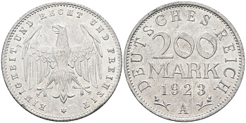 Германия 200 марок 1923 A KM 35, J. 304, Weege 22 алюминий UNC 4586-227