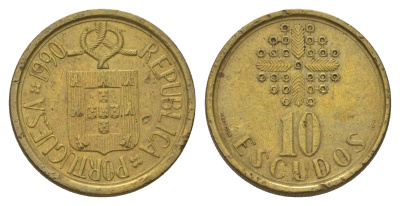Португалия 10 эскудо 1990 KM 633 никель латунь 4626-333