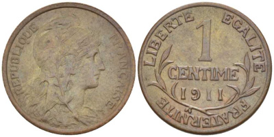 ФРАНЦИЯ 1 САНТИМ 1911 ТРЕТЬЯ РЕСПУБЛИКА (1871-1940) KM 840, LE FRANC 105.13 бронза 201-842