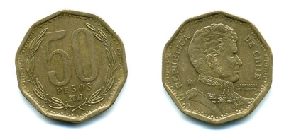 Чили 50 песо 2007 Бернардо О’Хиггинс KM 219.2 алюминиевая бронза 35-446