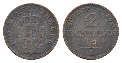 Пруссия 2 пфеннига 1854 A, Фридрих Вильгельм IV (1840-1861) KM 452 медь 4151-1014