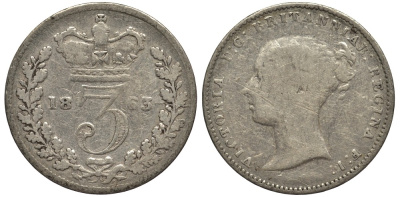 Великобритания 3 пенса 1863 Виктория (1837-1901) KM 730, Spink 3914A серебро 4528-359