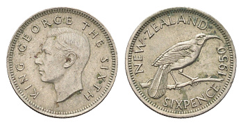 Новая Зеландия 6 пенсов 1950 Георг VI (1936-1952) KM 16 медно-никель 4659-947
