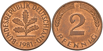 ФРГ 2 пфеннига 1981 G J.381a, KM 106a сталь плакированная медью    4598-858