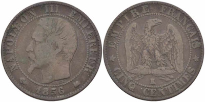 ФРАНЦИЯ 5 САНТИМОВ 1856 K, НАПОЛЕОН III (1852-1870) KM 777.5, LE FRANC 116.34 бронза 108-415