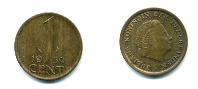 НИДЕРЛАНДЫ 1 ЦЕНТ 1959 ЮЛИАНА KM 180 бронза 76-256