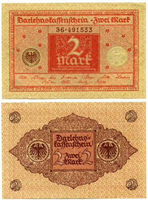 ГЕРМАНИЯ 2 МАРКИ 1920 1 МАРТА 1920, ВЕЙМАРСКАЯ РЕСПУБЛИКА, КРАСНАЯ, СЕРИЯ 36 Pick 59, Rosenberg 65b бумага 7523-1-2-2