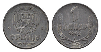 Сербия 1 динар 1942 год-тип KM 31 цинк 08-1428