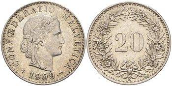 ШВЕЙЦАРИЯ 20 РАППЕНОВ 1909 В KM 29 никель 55-624