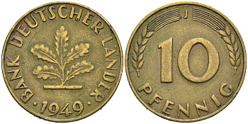 ФРГ 10 ПФЕННИГОВ 1949 J KM 103, J.378 сталь плакированная латунью 75-612