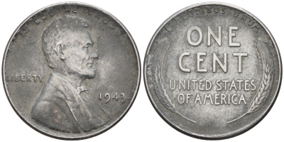 США 1 цент 1943 Авраам Линкольн KM 132 a сталь плакированная цинком 4594-323