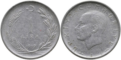 Турция 1 лира 1959 Мустафа Кемаль Ататюрк KM 889а.1 нержавеющая сталь 4541-227