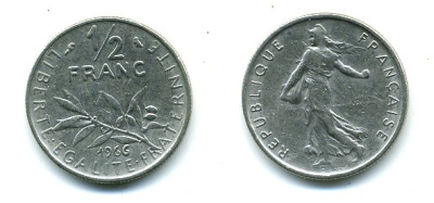 ФРАНЦИЯ 1/2 ФРАНКА 1966 СЕЯТЕЛЬ KM 931.1, LE FRANC 198.5 никель 3999-757