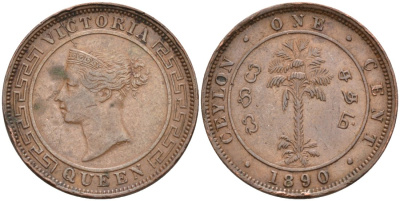 Цейлон 1 цент 1890 Королева Виктория (1845-1901) KM 92 медь 190-653